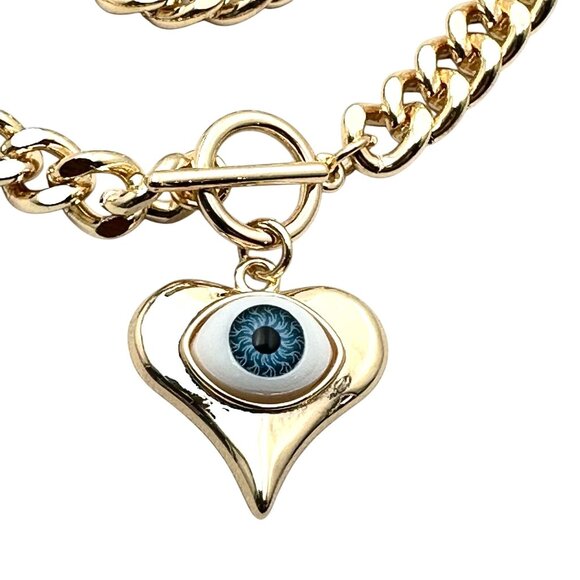 Evil Eye Heart Pendant Necklace Gold Tone Toggle Clasp 15 Inch Chain New - Picture 3 of 10